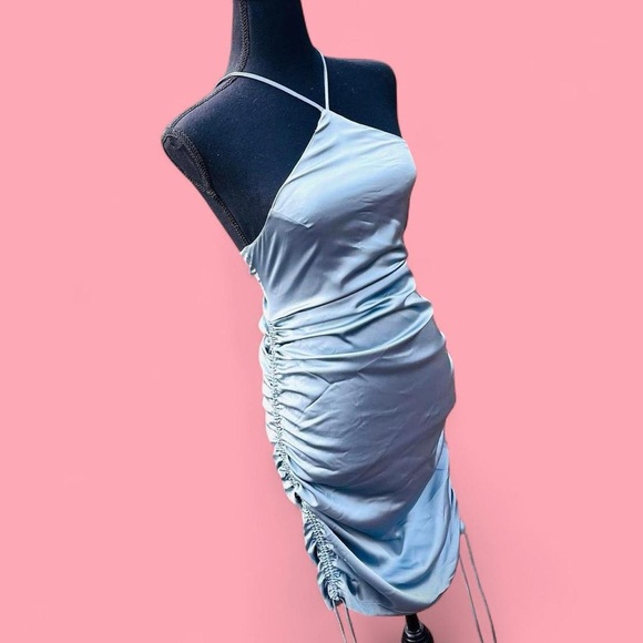 FIESTAR Cornflower Metallic Blue Ruched Halter Bodycon Satin Dress Small - Picture 1 of 7